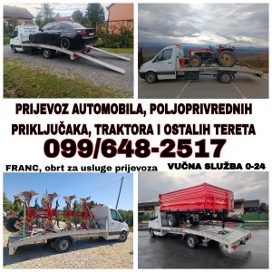 USLUGE PRIJEVOZA AUTOMOBILA,TRAKTORA,POLJO.PRIKLJUČAKA, OSTALIH TERETA
