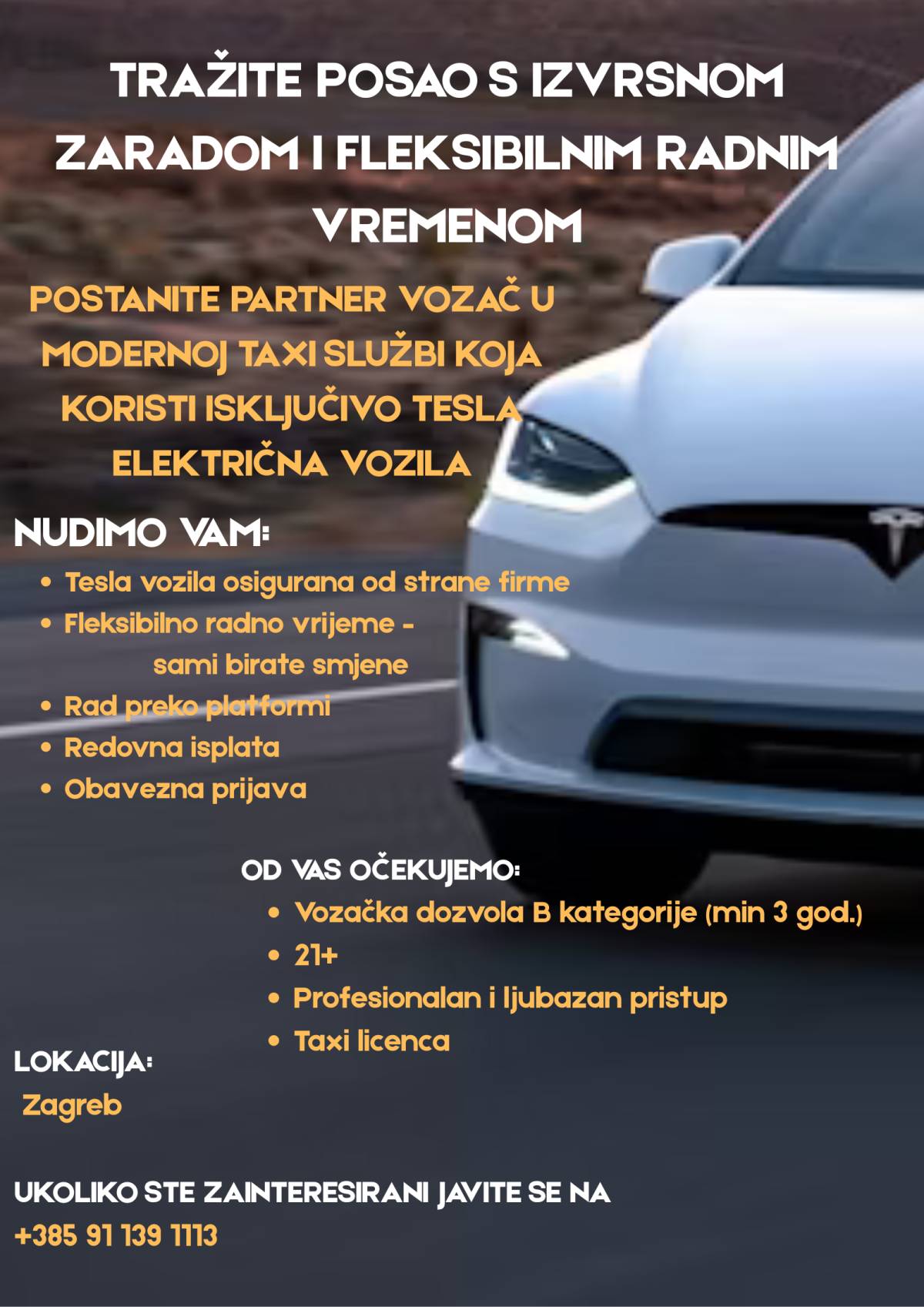 TRAŽIMO VOZAČE ZA MODERNU TAXI SLUŽBU S TESLA ELEKTRIČNIM VOZILIM