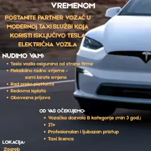 TRAŽIMO VOZAČE ZA MODERNU TAXI SLUŽBU S TESLA ELEKTRIČNIM VOZILIM