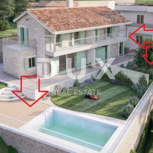 OPATIJA, BREGI - dvojna kuća 100m2 s panoramskim pogledom na more i bazenom + okućnica 