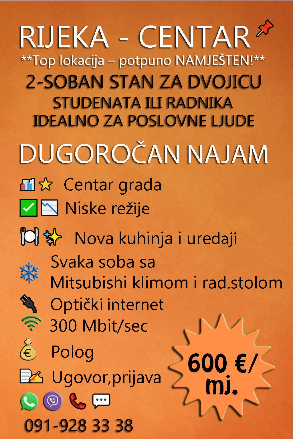 ️ RIJEKA-CENTAR **Top lokacija – potpuno NAMJEŠTEN 2-SOBNI STAN!**