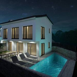 MALINSKA – Novogradnja! Dvojna kuća s bazenom i pogledom na more