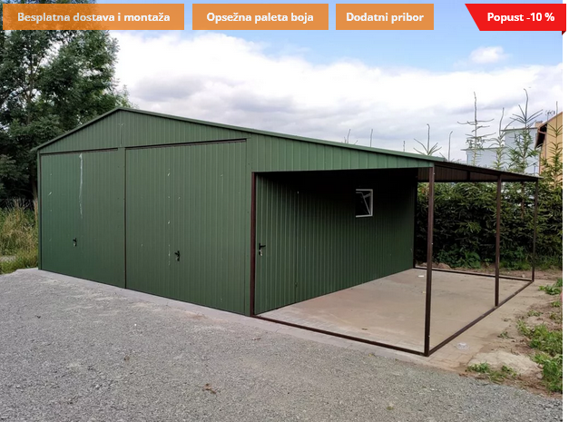 Metalna garaža 6x6m + nadstrešnica 2,5×6 – tamnozelena mat