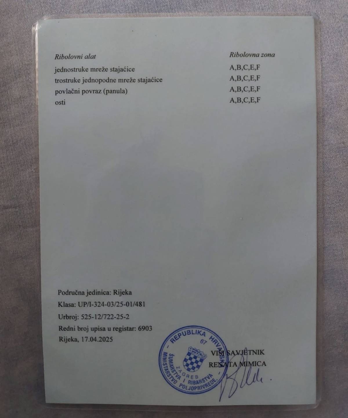 Povlastica za gospodarski ribolov sa gliserom i prikolicom