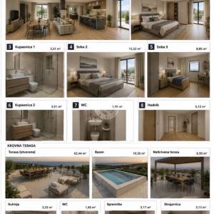 Hrvatska, Zadar, Pag, Povljana, 3-soban stan 200m2 Novogradnja, krovna terasa s bazenom i vanjskom kuhinjom