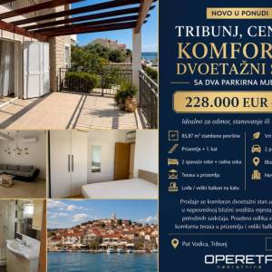 TRIBUNJ,  CENTAR, KOMFORAN DVOETAŽNI STAN SA DVA PARKIRNA MJESTA, 228.000 EUR + 