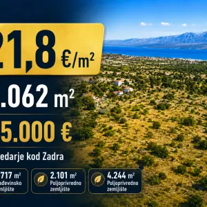 Hrvatska, Zadar, Posedarje – zemljište ukupne površine 13.062 m², od čega 6.717 m² građevinskog zemljišta, uz poljoprivredno ze...
